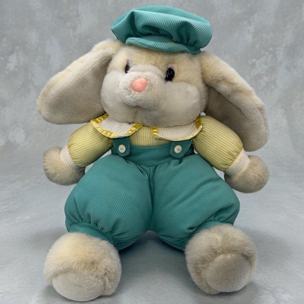13" VINTAGE YELLOW WHITE BUNNY RABBIT GREEN OUTFIT STUFFED ANIMAL PLUSH TOY